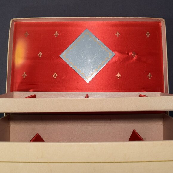 Vintage Jewelry Box Storage Organizer 2-Tier Off White Leather Red Satin Damaged - Picture 3 of 16